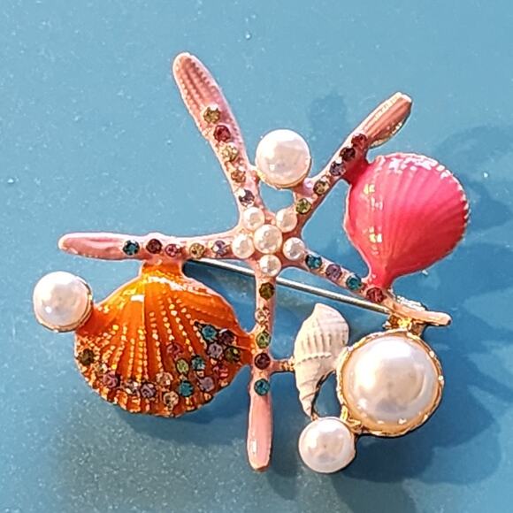 Delicate Starfish & Seashell Brooch Faux Pearl and Multi Rhinestones Pink Orange - Picture 3 of 4